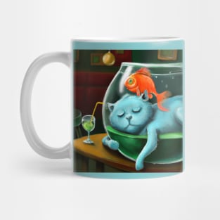 Blue Cat Sleeps Between Dimensions and Leaves Goldfish Homeless Mug